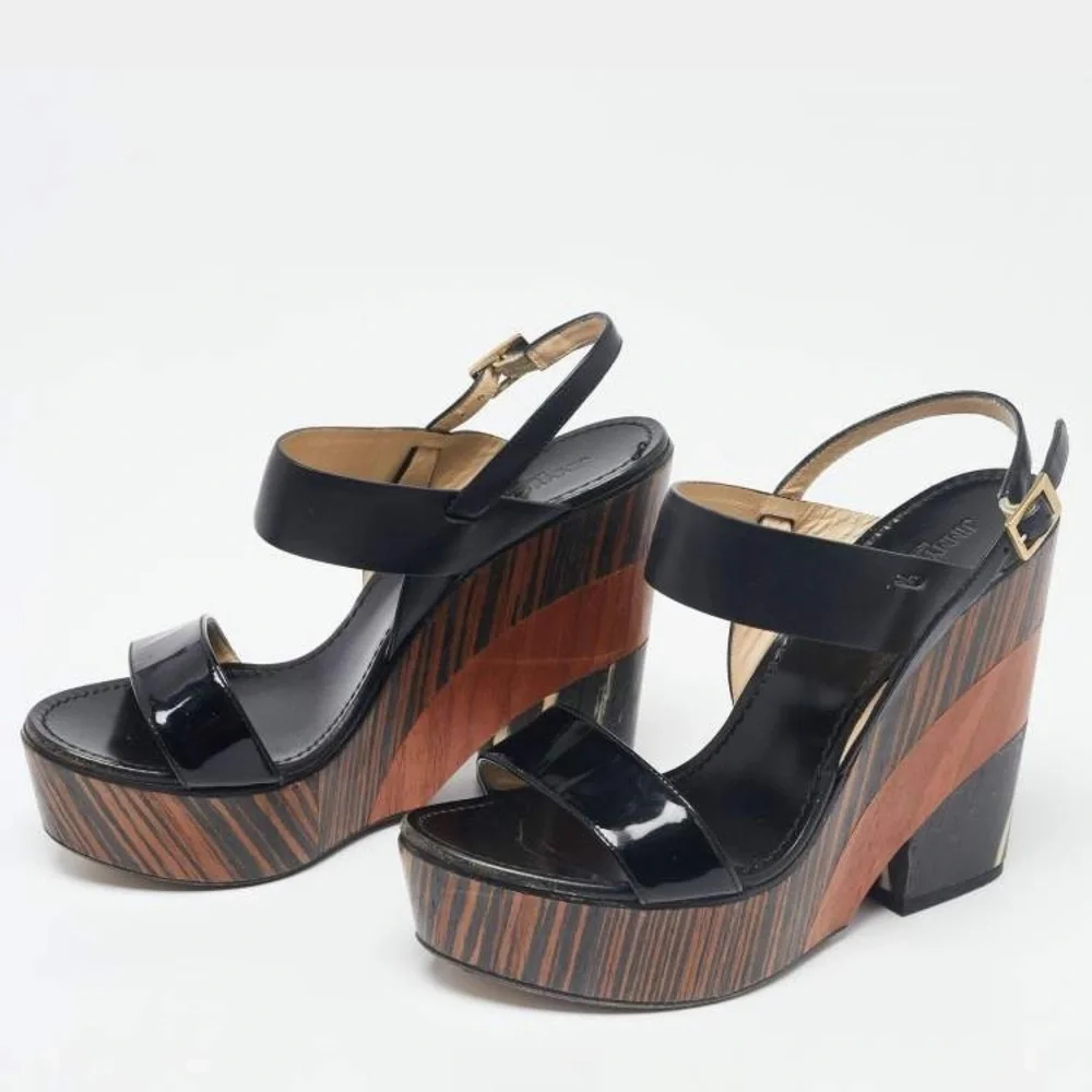 Jimmy Choo Notion Leather and Wood Wedge Sandals Size 36.5